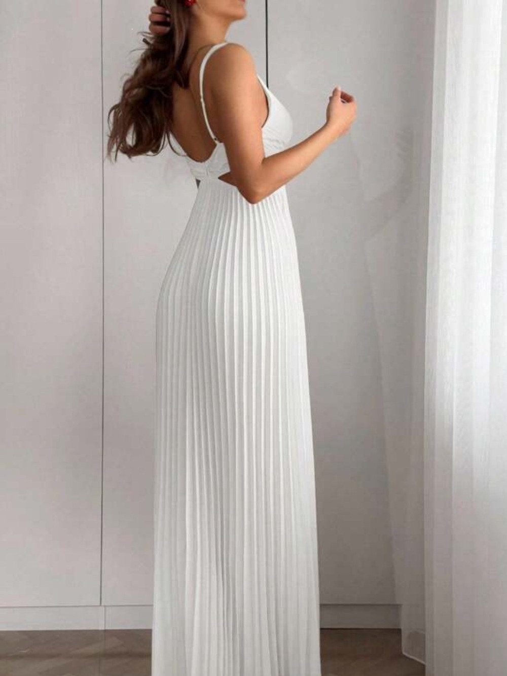SHEIN White Pleated Maxi Dress with Slim Straps